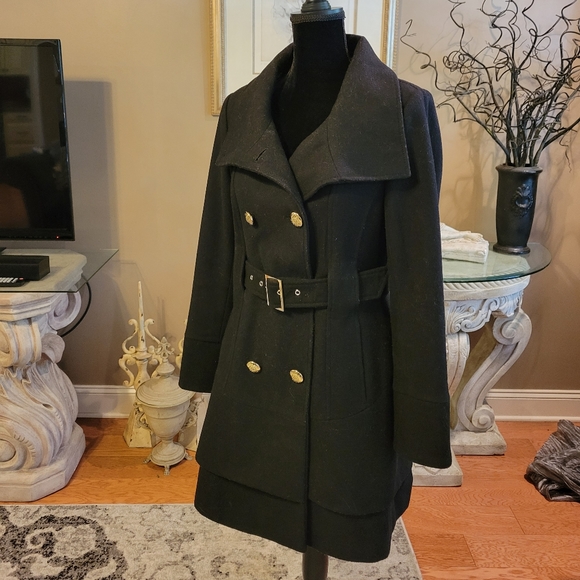 Guess Wool Blend Skirted Bottom Belted Pea Coat - Picture 5 of 13